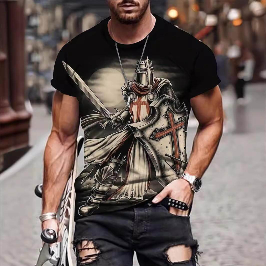 3D printed summer T-shirt for men - Casual Breathable Short Sleeve Top featuring a knight graphic design.