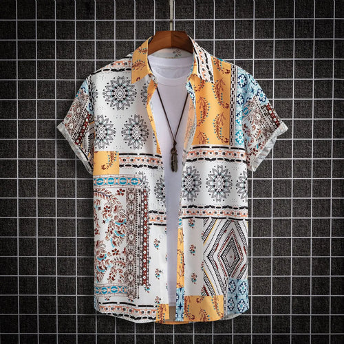 Men's short-sleeved 3D printed Hawaiian cardigan shirt with vibrant patterns and casual style.