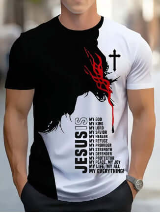 Men's short-sleeved t-shirt featuring a bold graphic design of Jesus and inspirational text.