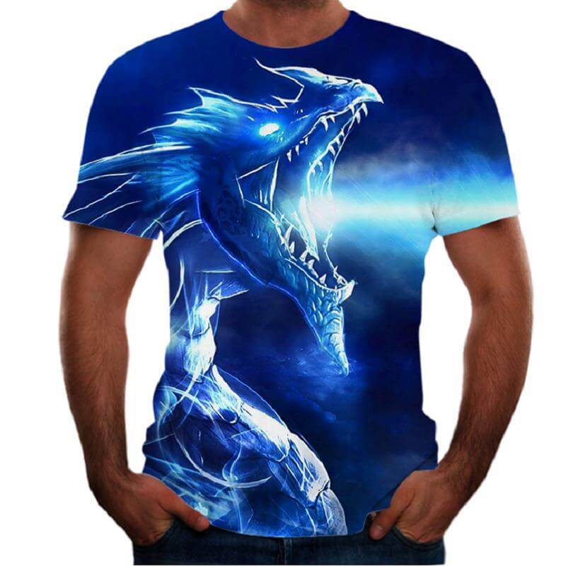 New Animal Print 3d T-shirt Men's Short Sleeve featuring a blue dragon design on a stylish t-shirt.
