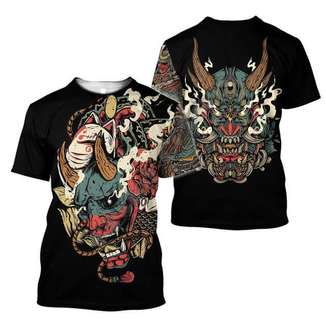 3D Men's T-shirt Samurai Printed T-shirt Loose Round Neck featuring vibrant samurai designs on a black background.