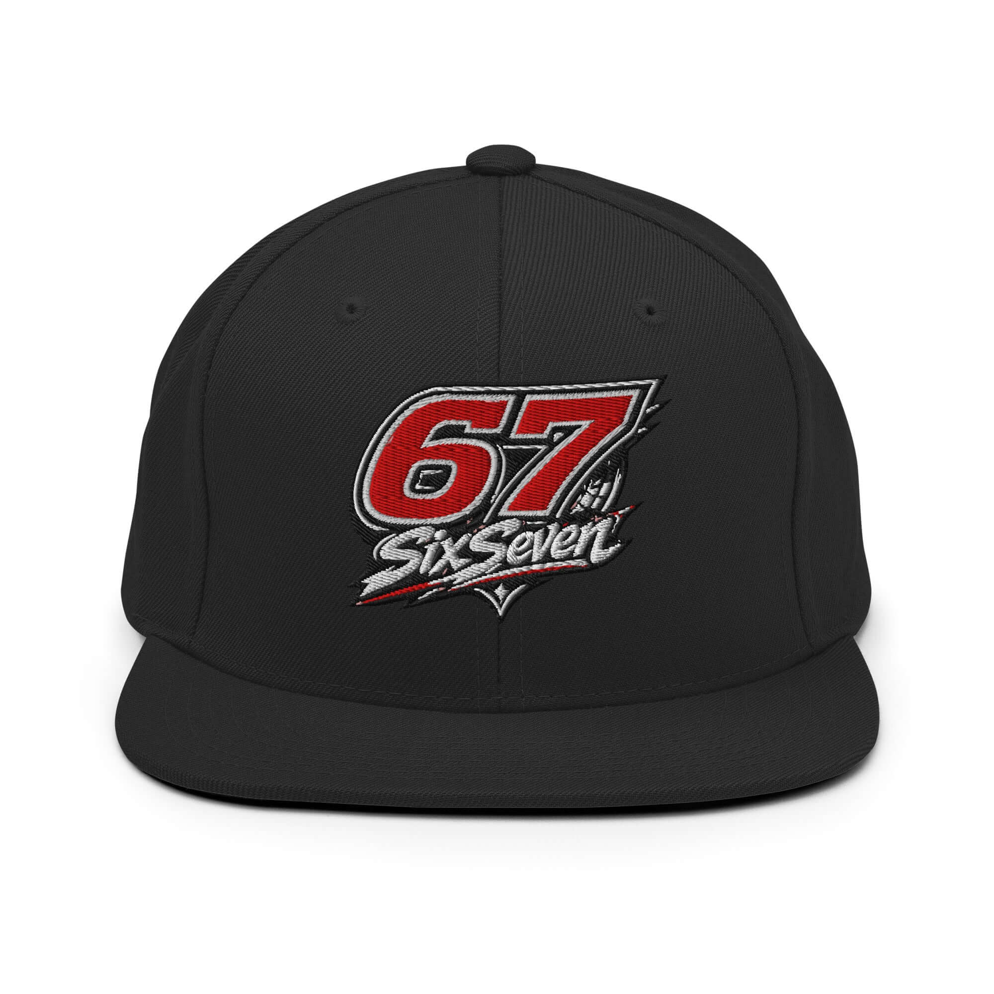 Structured snapback hat with embroidered design of 67 SixSeven on a classic flat brim