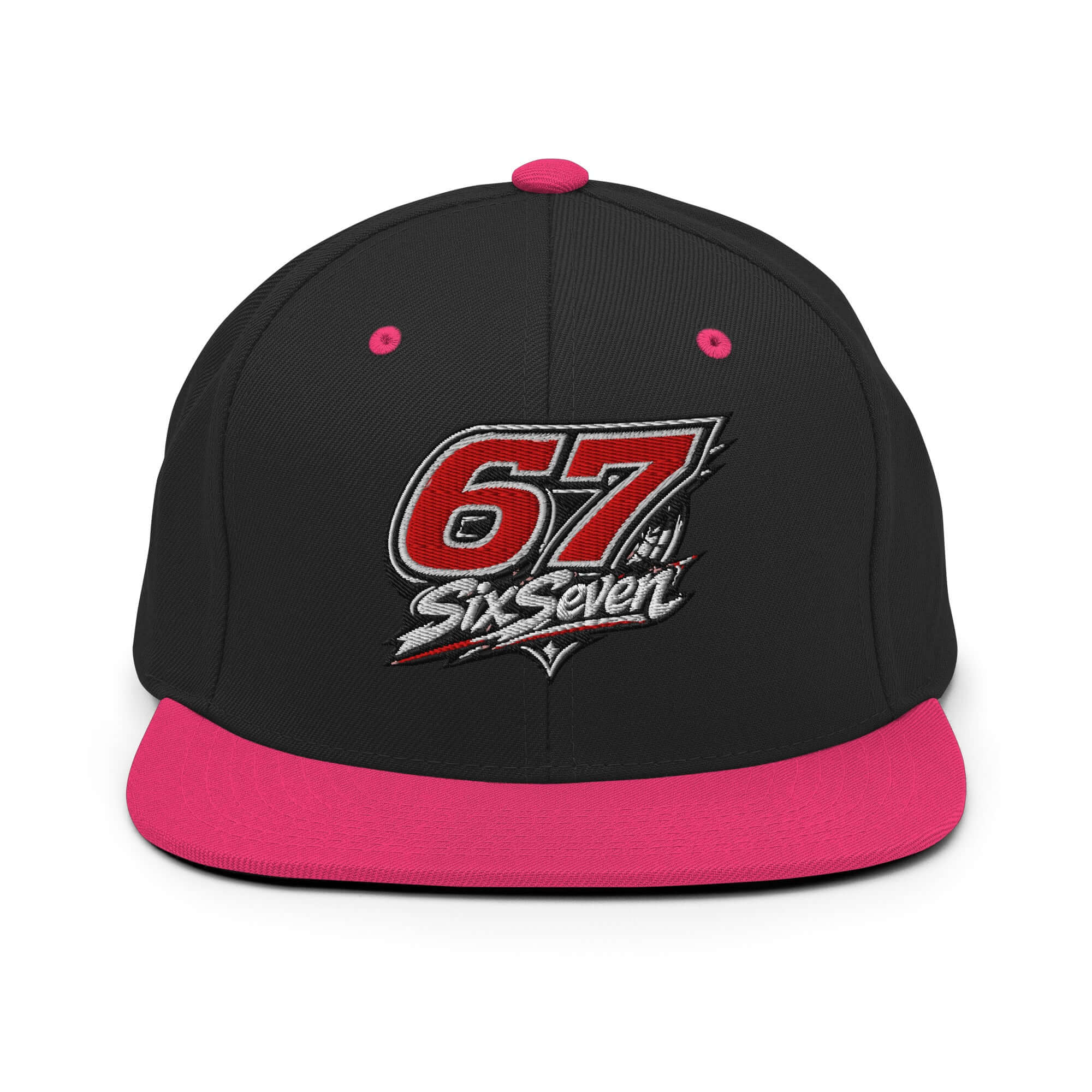 Structured snapback hat featuring bold red and black design with pink brim and embroidered logo.