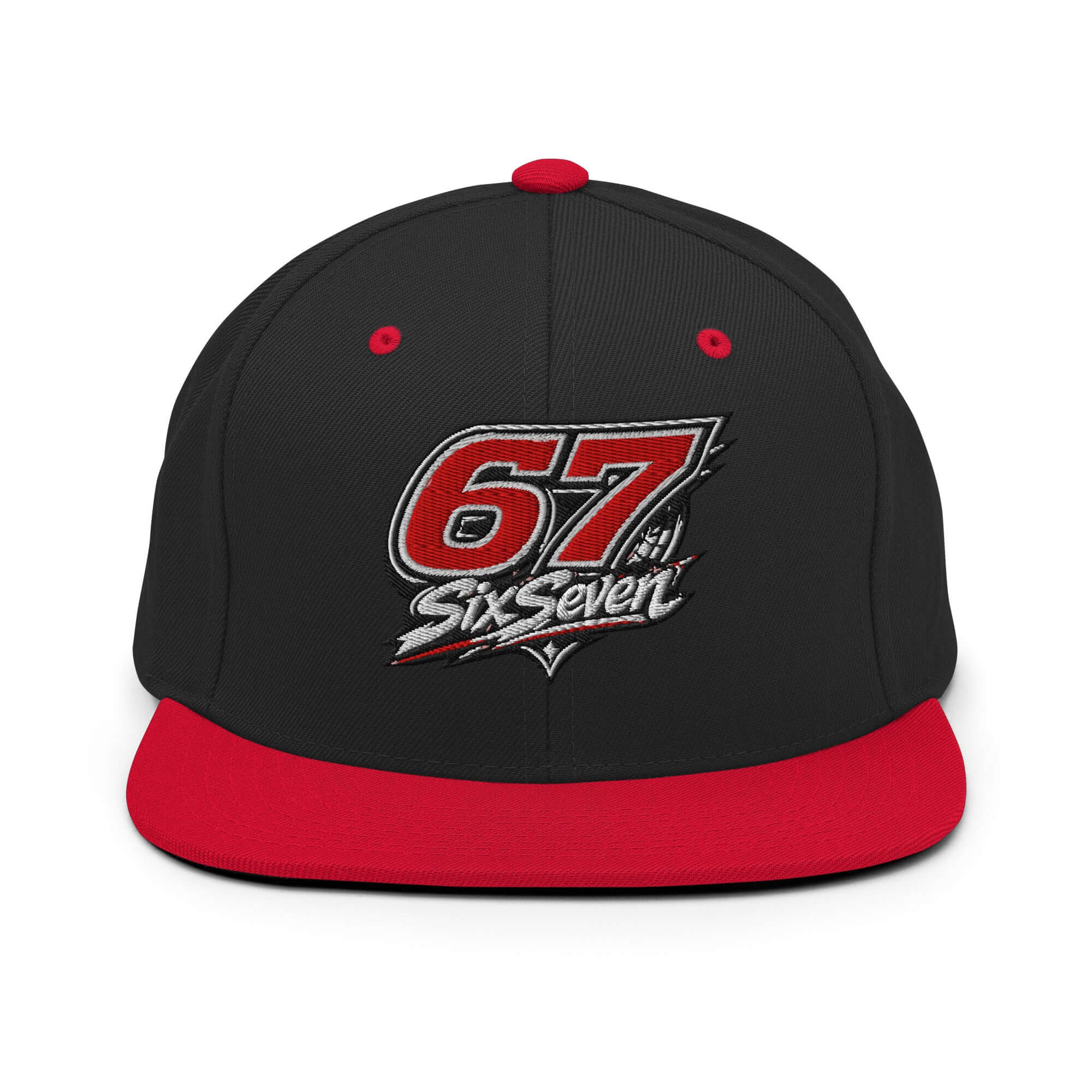 Structured snapback hat with red brim and 67 SixSeven logo, perfect for stylish casual wear.