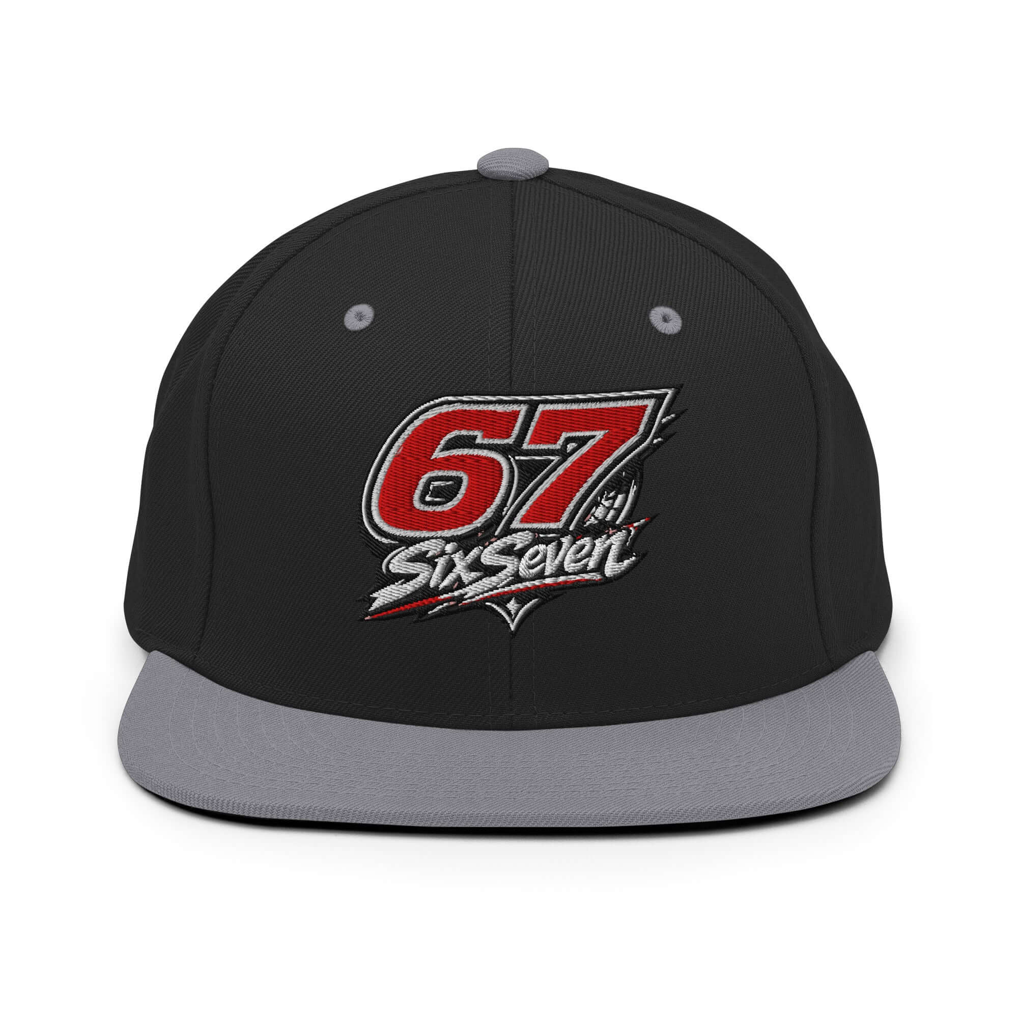 Structured snapback hat featuring a bold 67 SixSeven design in red on a black base with a grey brim.