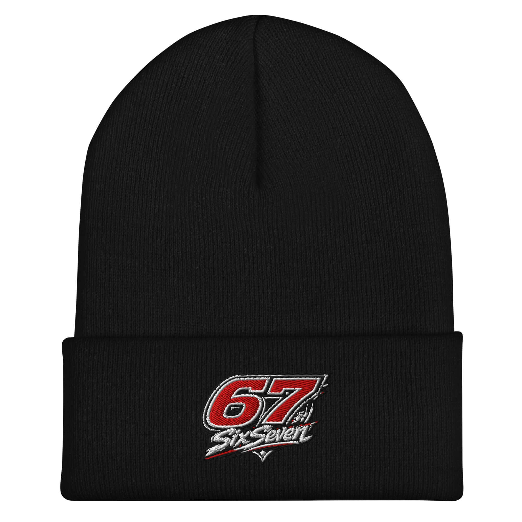 Black cuffed beanie hat featuring embroidered graphics with the numbers 67 and the word SixSeven.