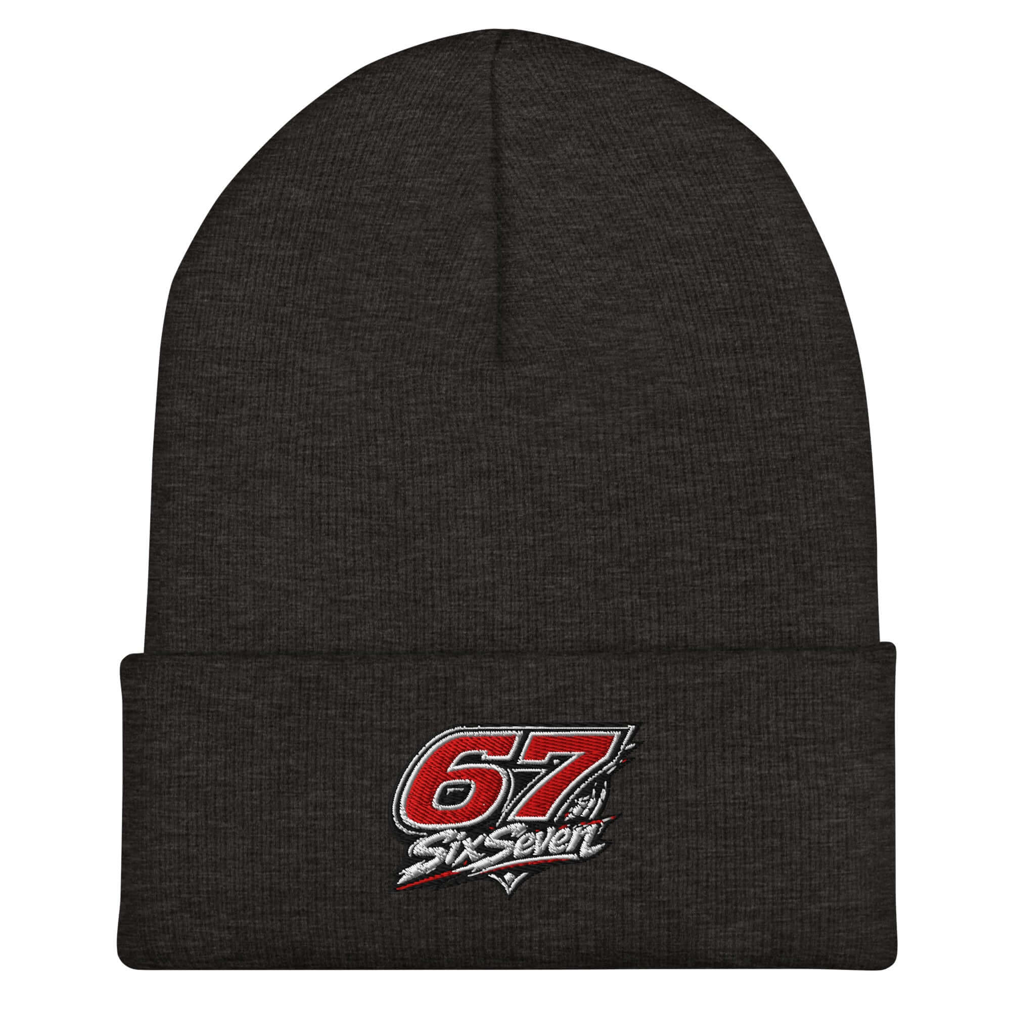 Cuffed beanie hat in dark color featuring a logo design with '67 SixSeven' for stylish headwear.
