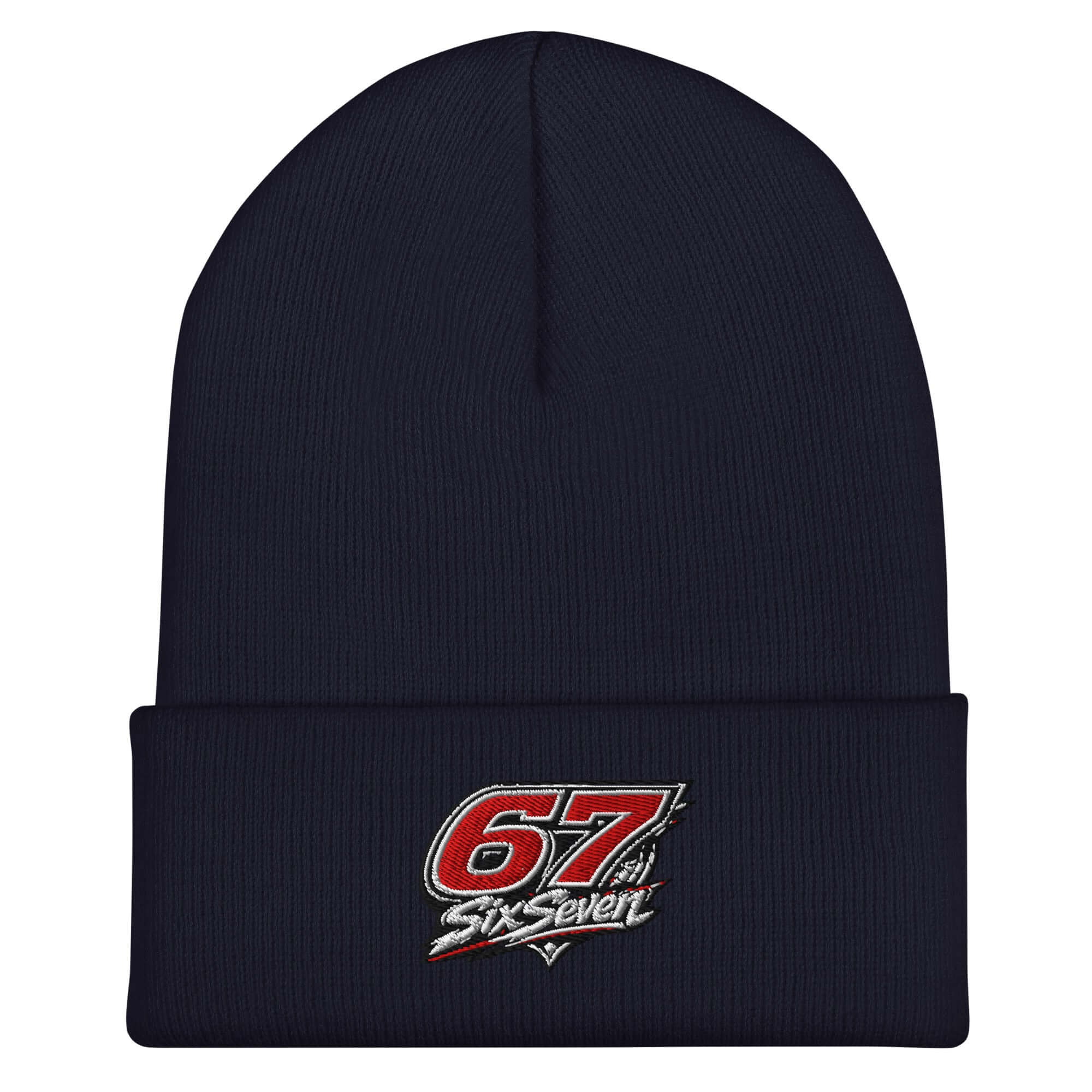 Cuffed beanie hat in navy with embroidered logo featuring the number 67 and text SixSeven.