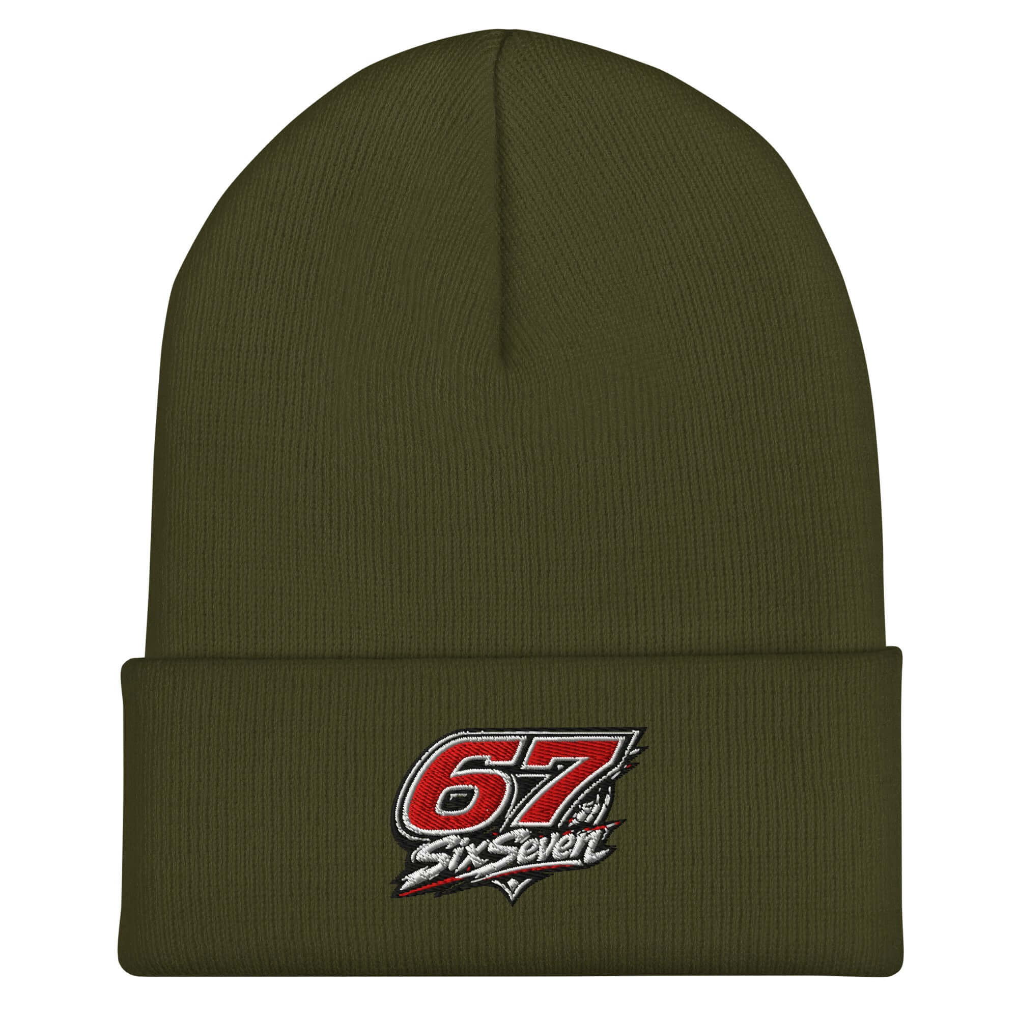 Cuffed beanie hat in olive green featuring 67 SixSeven embroidered logo, a stylish and warm accessory.