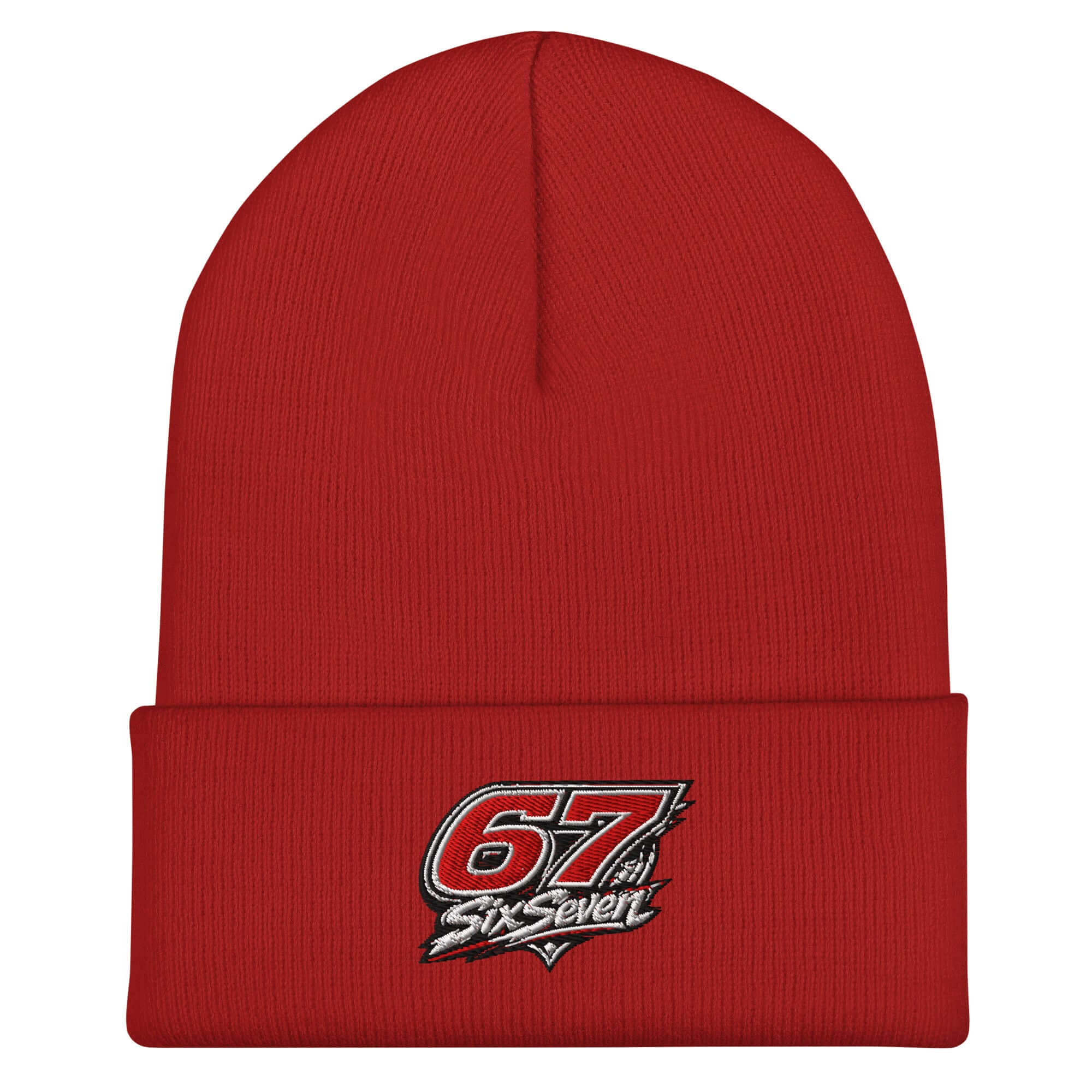 Cuffed beanie hat in red color featuring a bold embroidered '67 SixSeven' logo on the front.