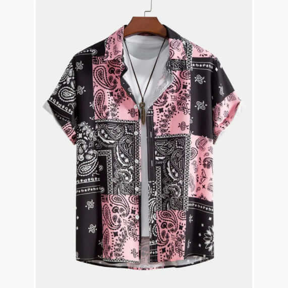 3D printed Hawaiian cardigan shirt for Men's Short-sleeved in stylish pink and black bandana pattern.