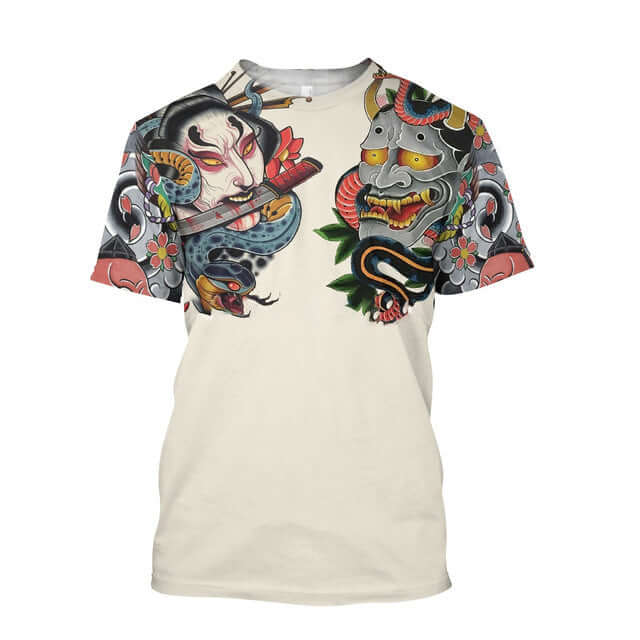 3D Men's T-shirt Samurai Printed T-shirt Loose Round Neck featuring vibrant samurai and snake designs.