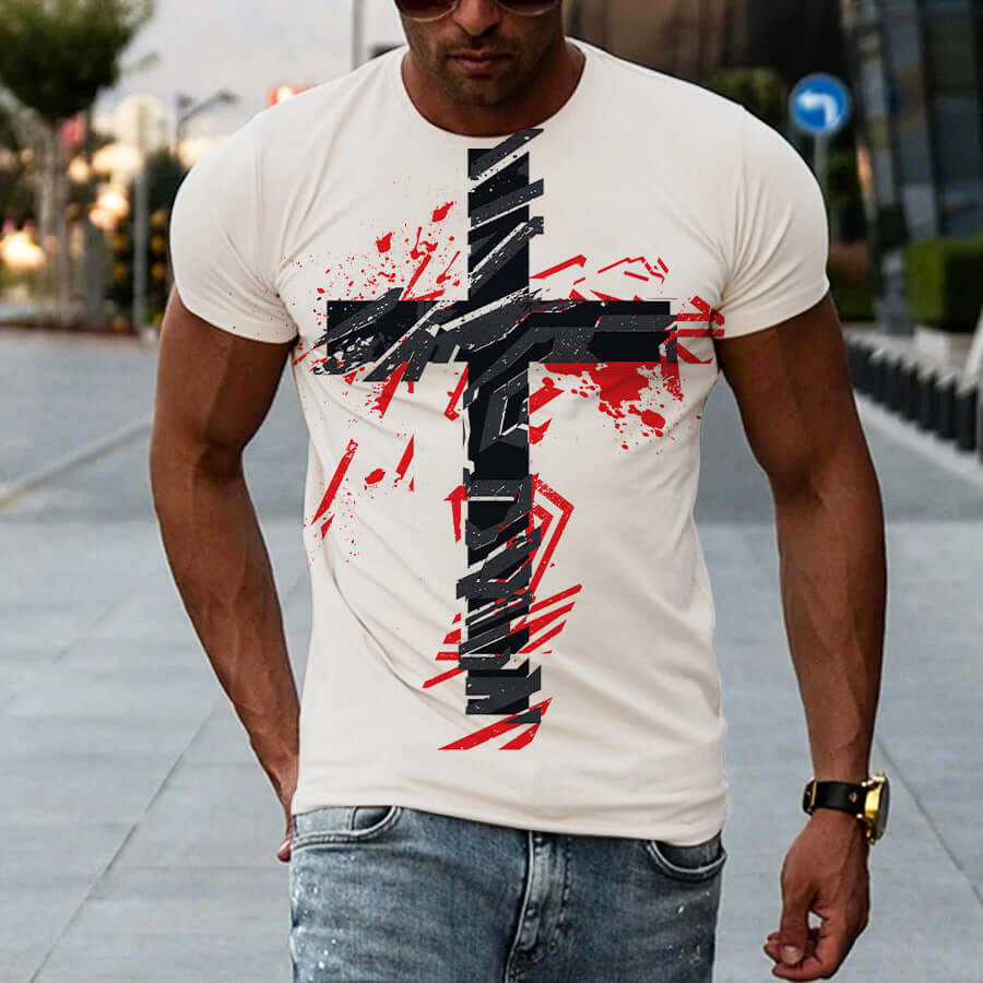 New Men's Printed 3D T-shirt Short Sleeve featuring bold cross design in red and black on a light background.