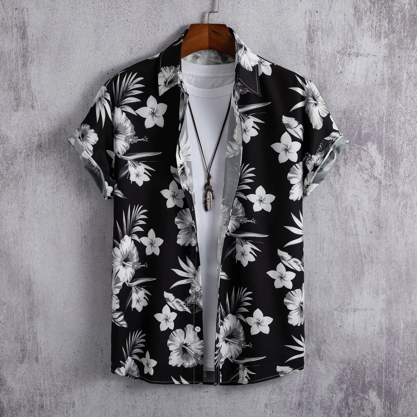 3D printed Hawaiian cardigan shirt for Men's Short-sleeved featuring a black floral design.