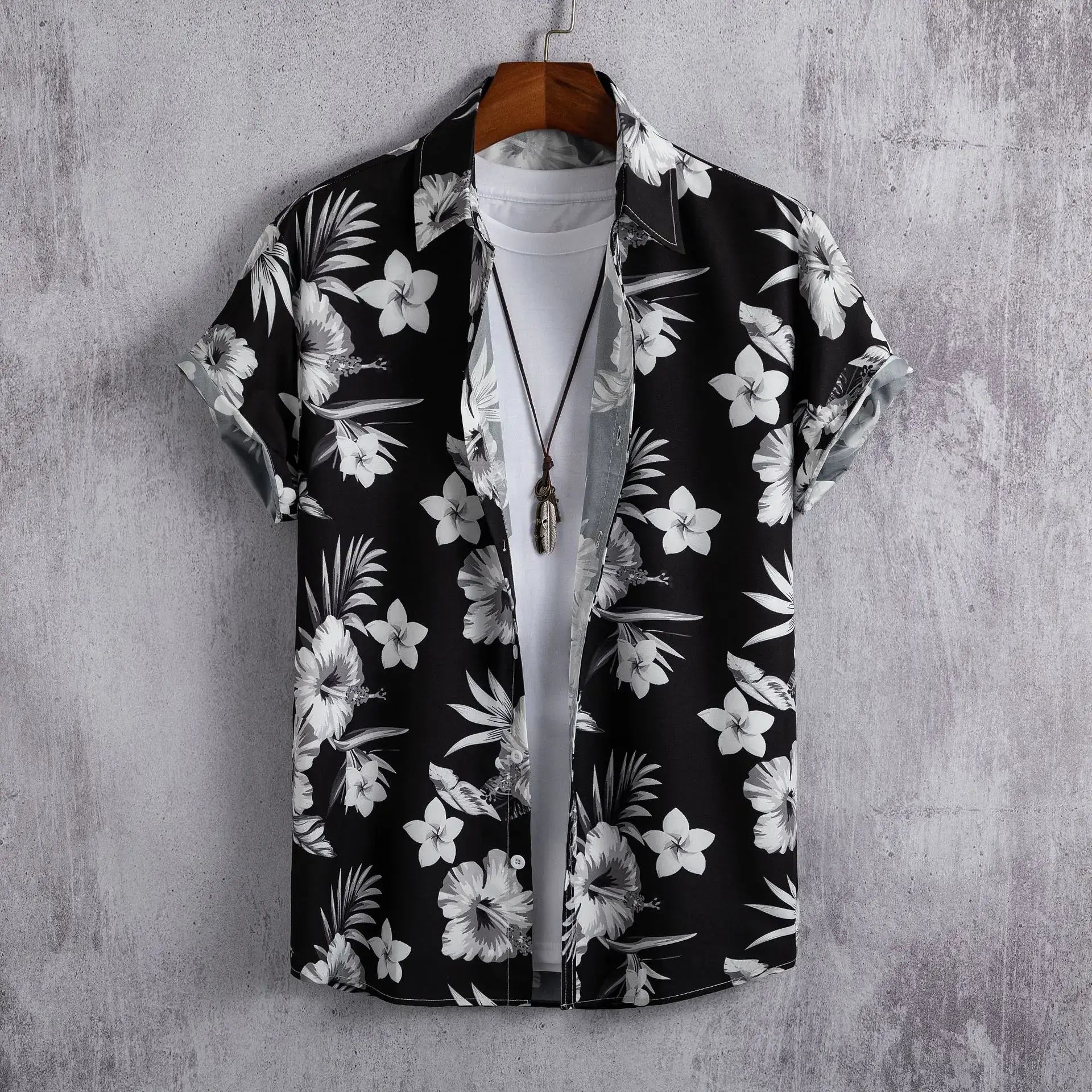3D printed Hawaiian cardigan shirt for Men's Short-sleeved featuring a black floral design.