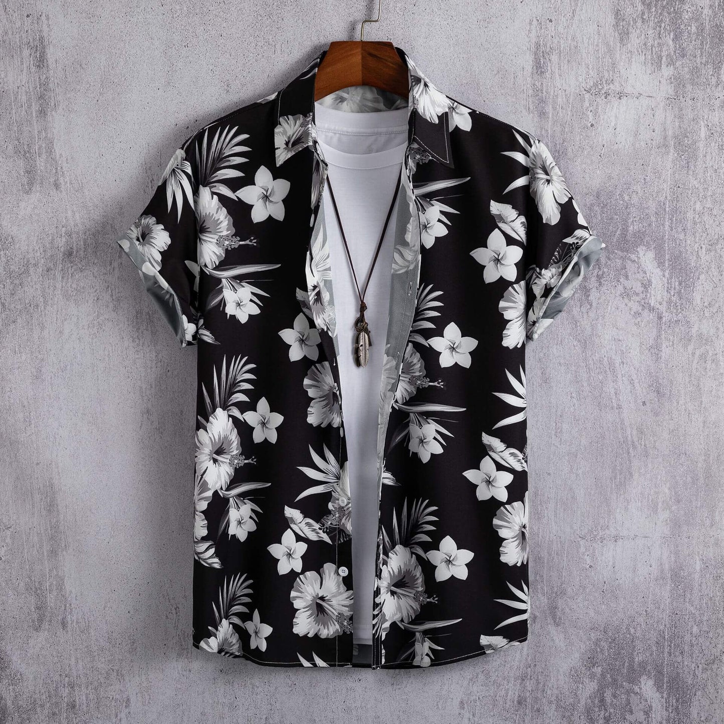 3D printed Hawaiian cardigan shirt for Men's Short-sleeved featuring a black floral design.