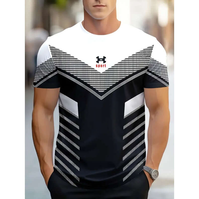 3D printed casual t-shirt for men featuring a stylish black and white design, perfect for business casual wear.