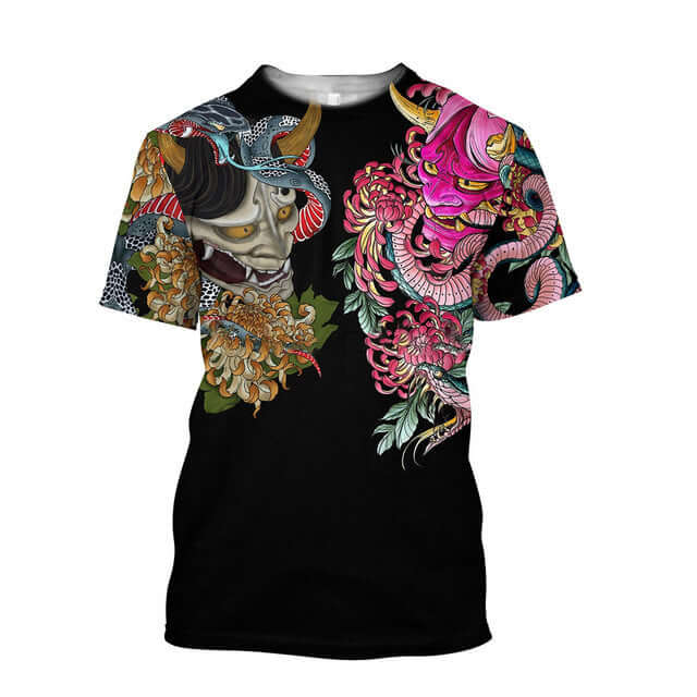 3D samurai printed t-shirt featuring vibrant dragon and demon designs on a black background.