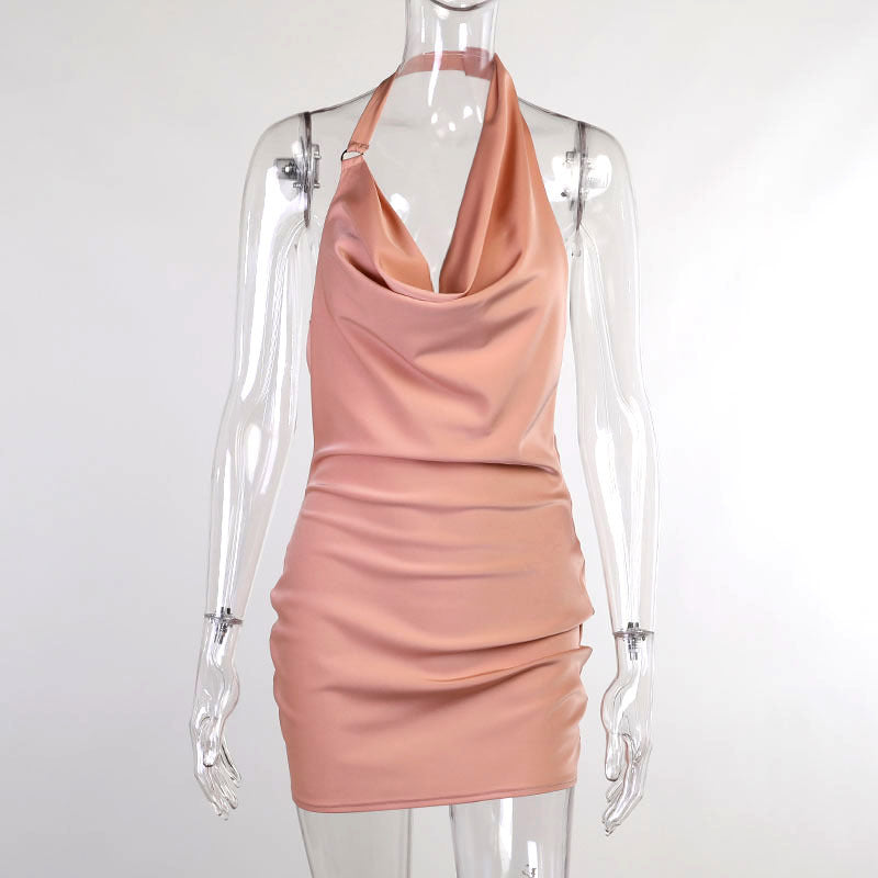 Sexy Satin Effect Backless Mini Dress V Neck