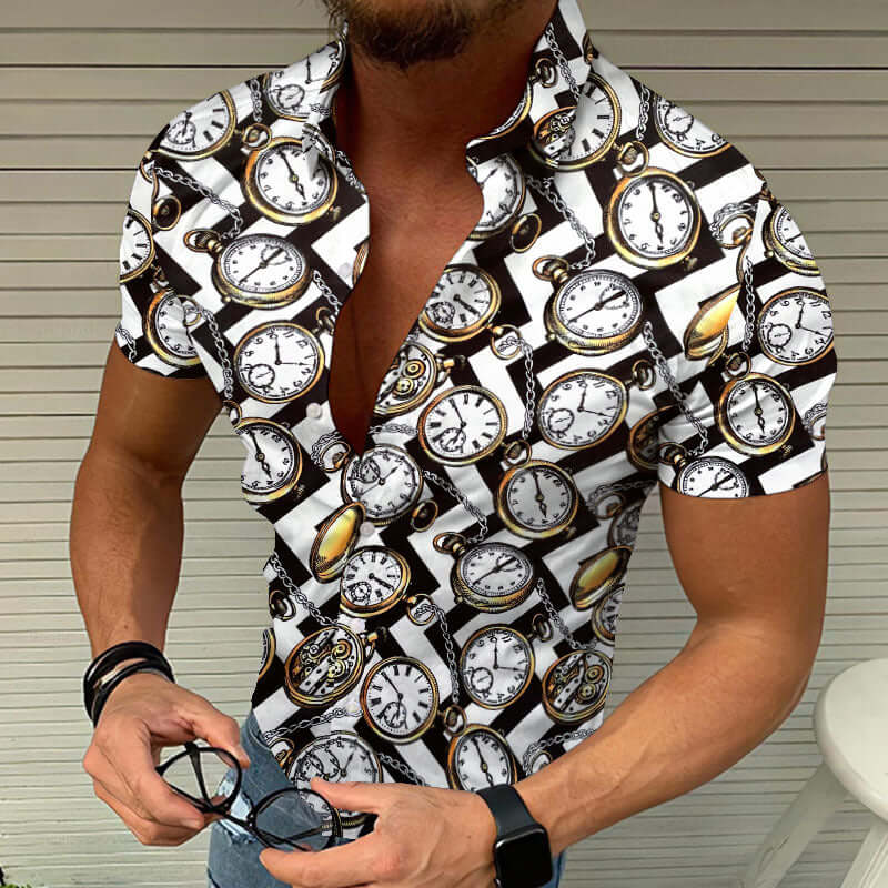 3D printed casual summer shirts Men's Cool Top with vibrant clock designs, perfect for summer style.