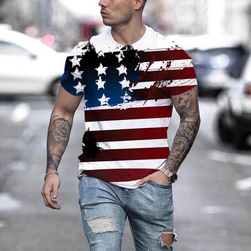 New Men's Printed 3D T-shirt Short Sleeve featuring a stylish American flag design.