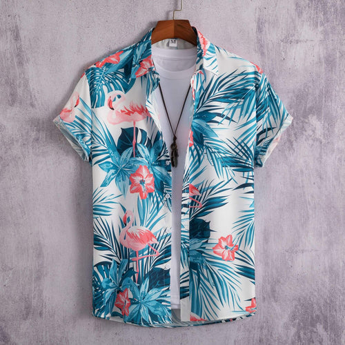 Men's Short-sleeved Shirt with 3D printed Hawaiian cardigan shirt design featuring vibrant floral and tropical patterns.