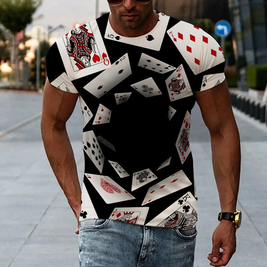 New Men's Printed 3D T-shirt Short Sleeve featuring a unique playing card design.