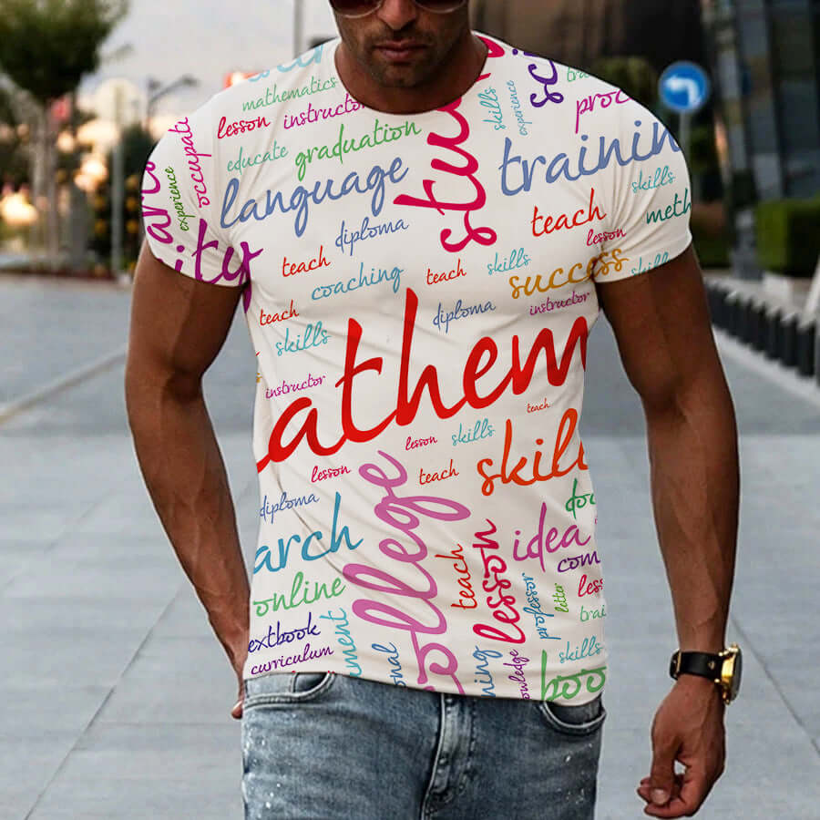 New Men's Printed 3D T-shirt Short Sleeve featuring colorful educational and motivational words.