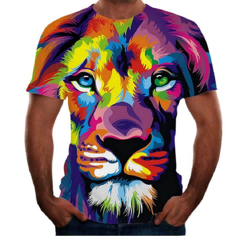 New Animal Print 3d T-shirt Men's Short Sleeve featuring a colorful lion design.