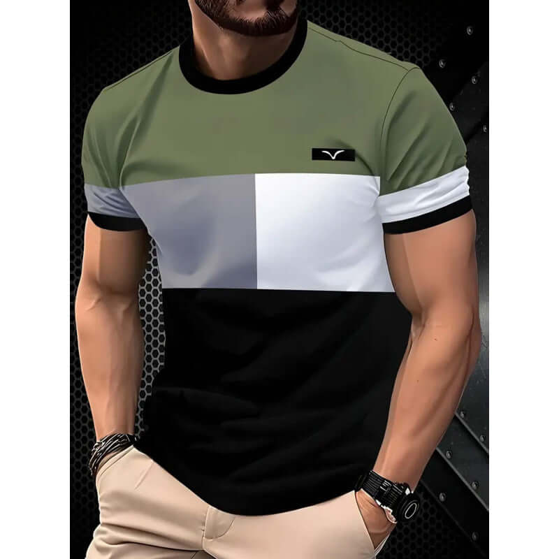 Men's Short-sleeved T-shirt Business Casual Series Digital 3D Printing in olive green and black design.