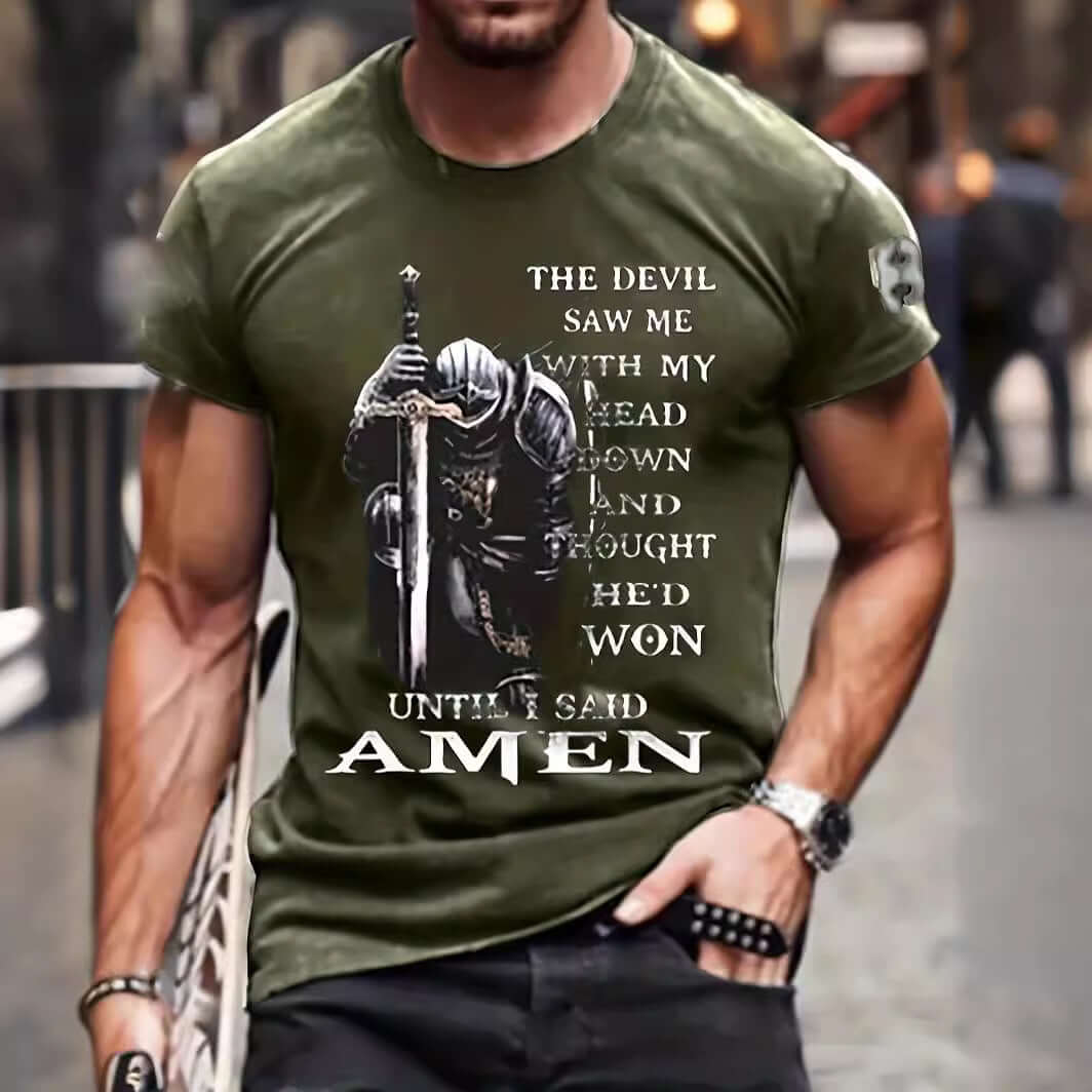 3D printed summer T-shirt for men featuring a graphic print with a powerful quote and warrior design.