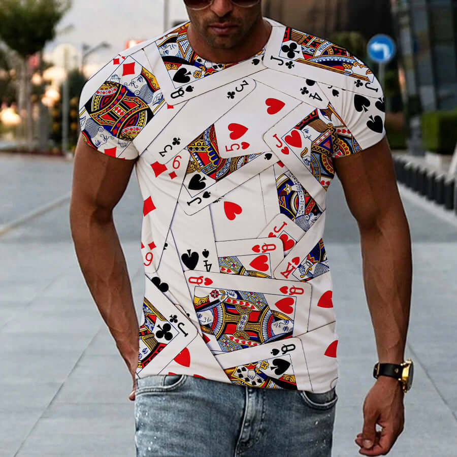 New Men's Printed 3D T-shirt Short Sleeve featuring a vibrant playing card design.