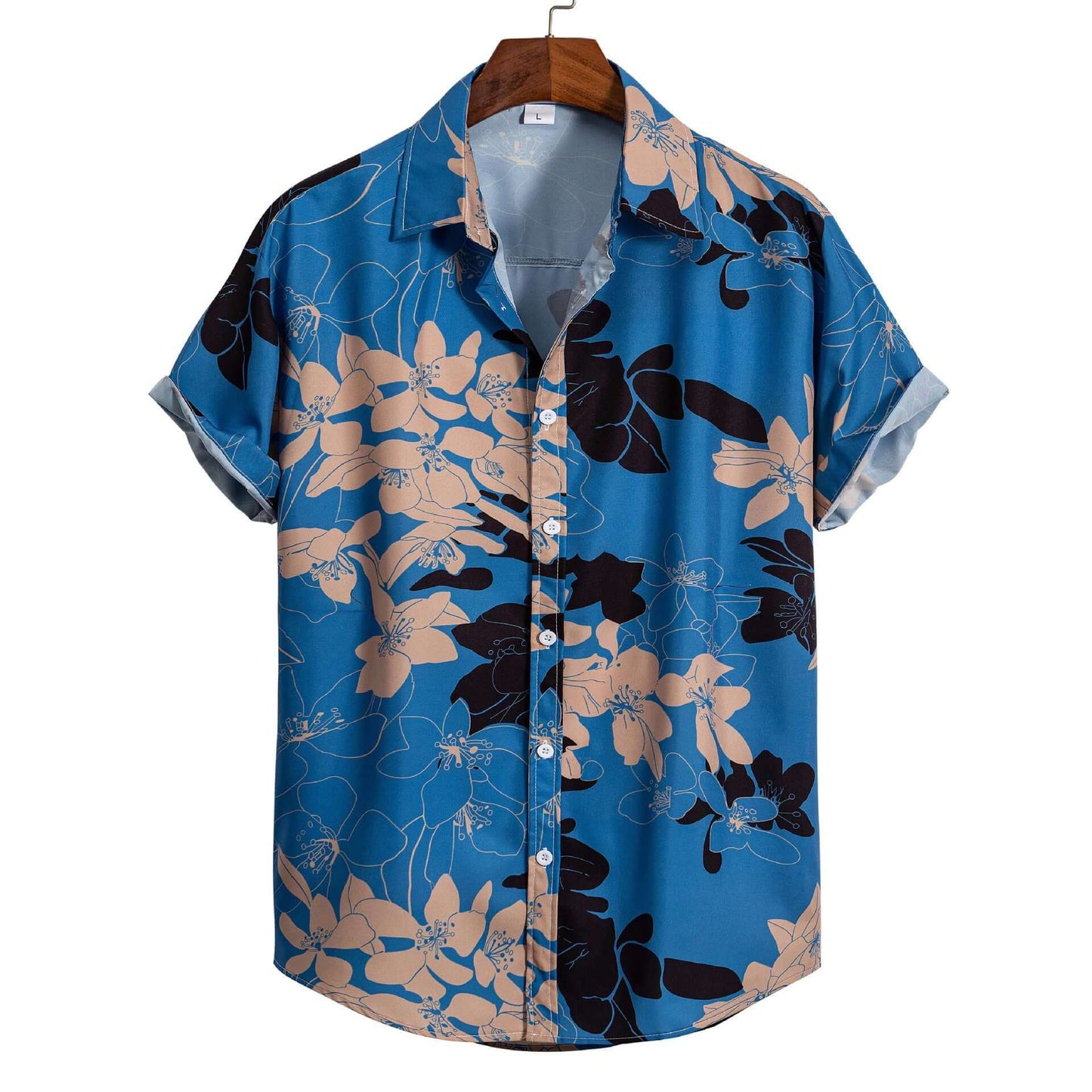 3D printed Hawaiian cardigan shirt for Men's Short-sleeved displayed on a wooden hanger with a floral pattern.