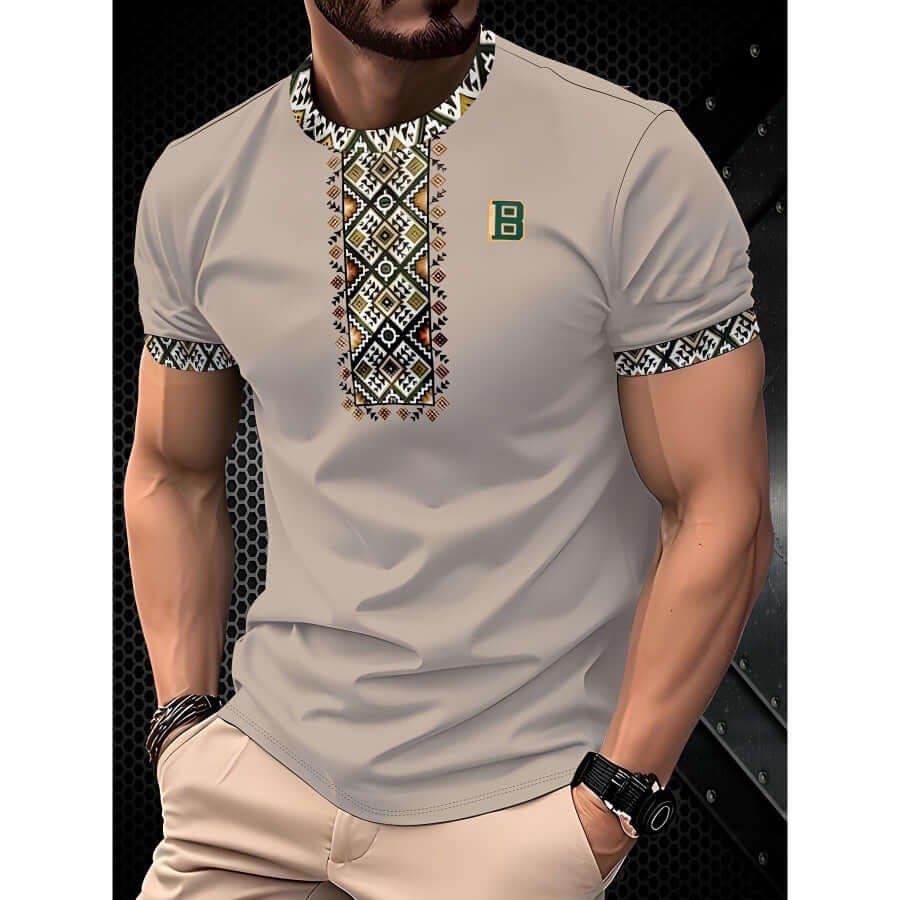 3D printed casual t-shirt for men with unique patterned collar and short sleeves.