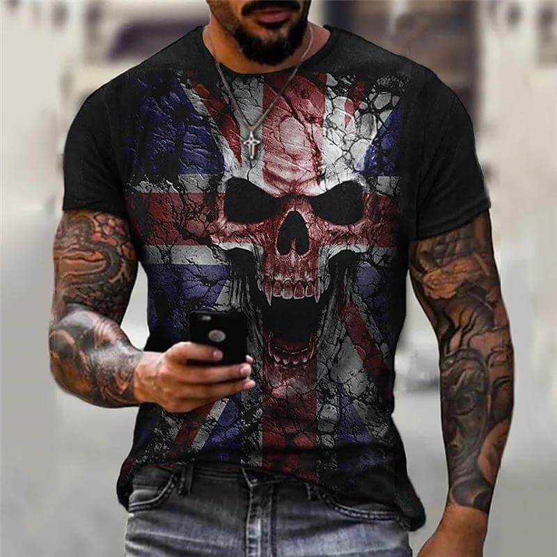 3D printing boys short sleeve t-shirt with skull design in Union Jack colors, perfect for summer fashion.