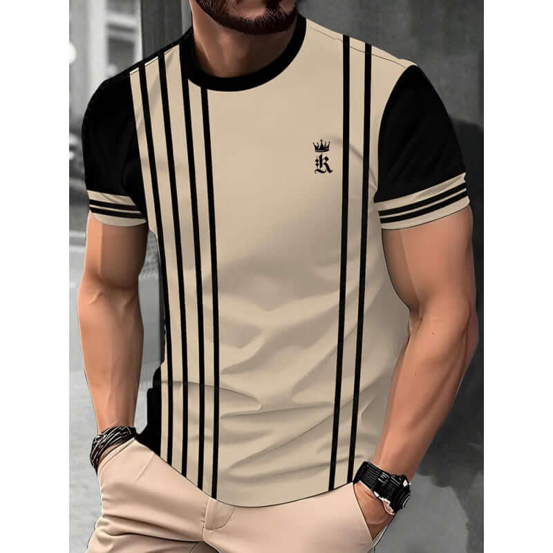 3D printed casual t-shirt for men featuring a loose fit, striped design, and ordinary thickness in beige and black colors.