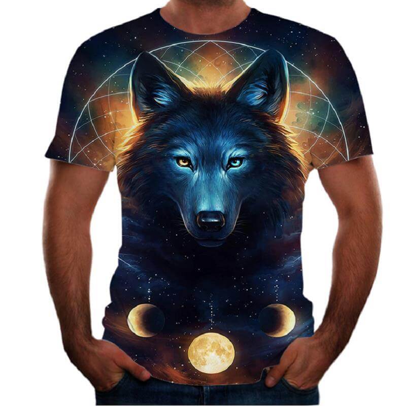 New animal print 3d t-shirt for men featuring a vibrant wolf design with celestial elements.
