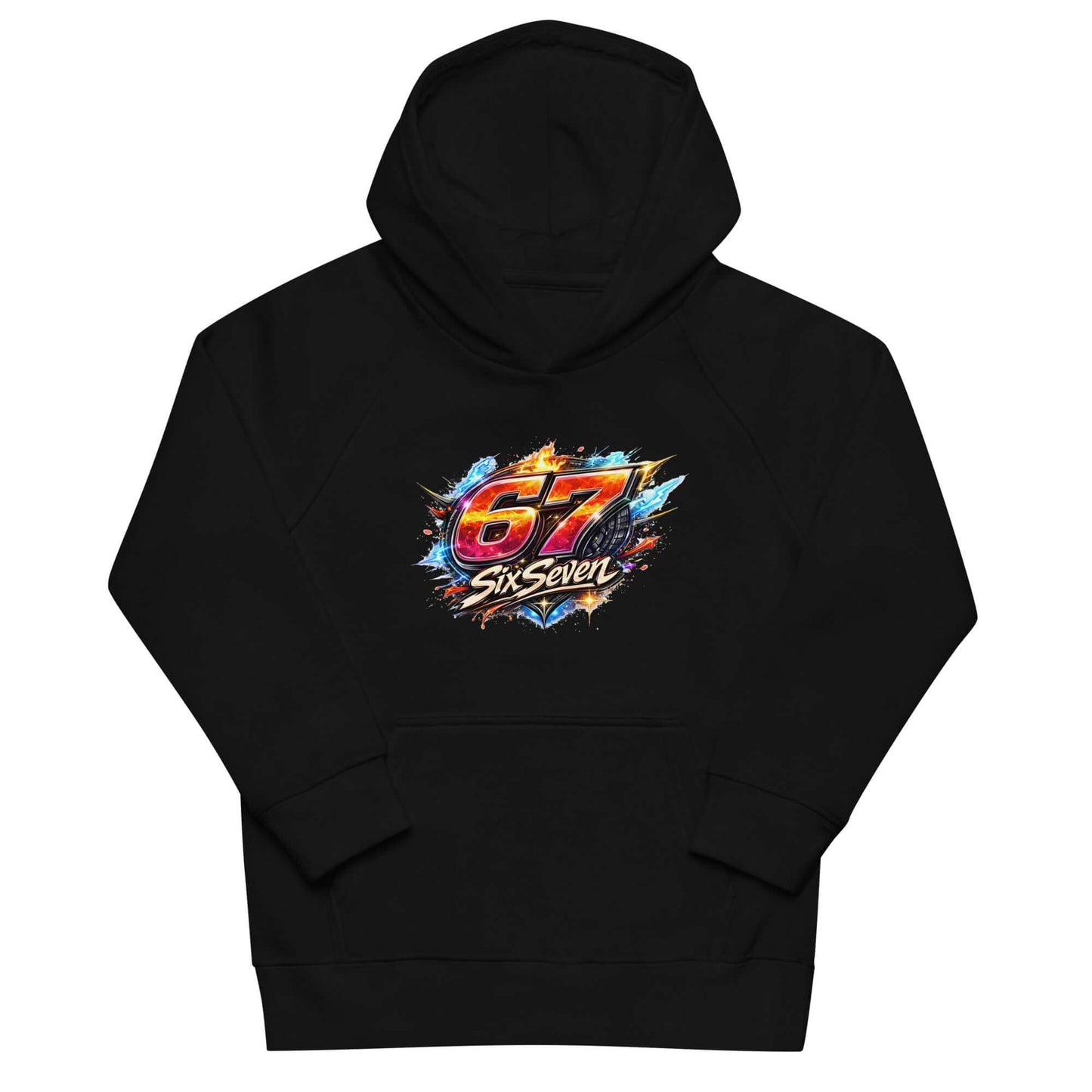Kids eco hoodie in black with colorful graphic design featuring the number 67 and the text SixSeven.