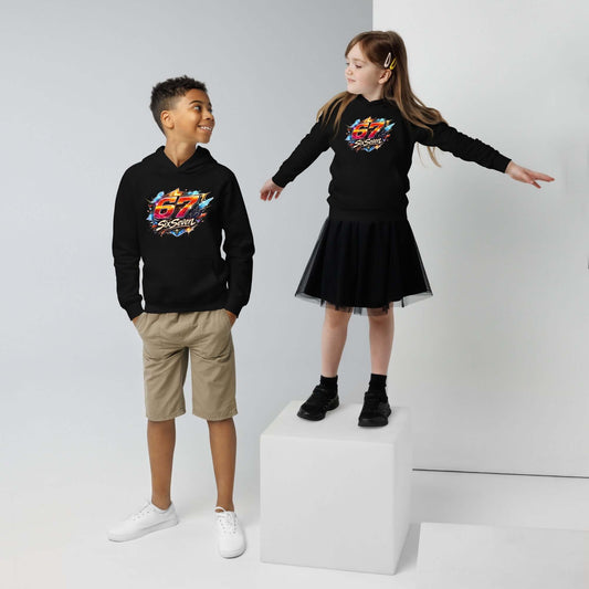 Kids eco hoodie worn by a boy and a girl, showcasing a comfy design with vibrant graphics.