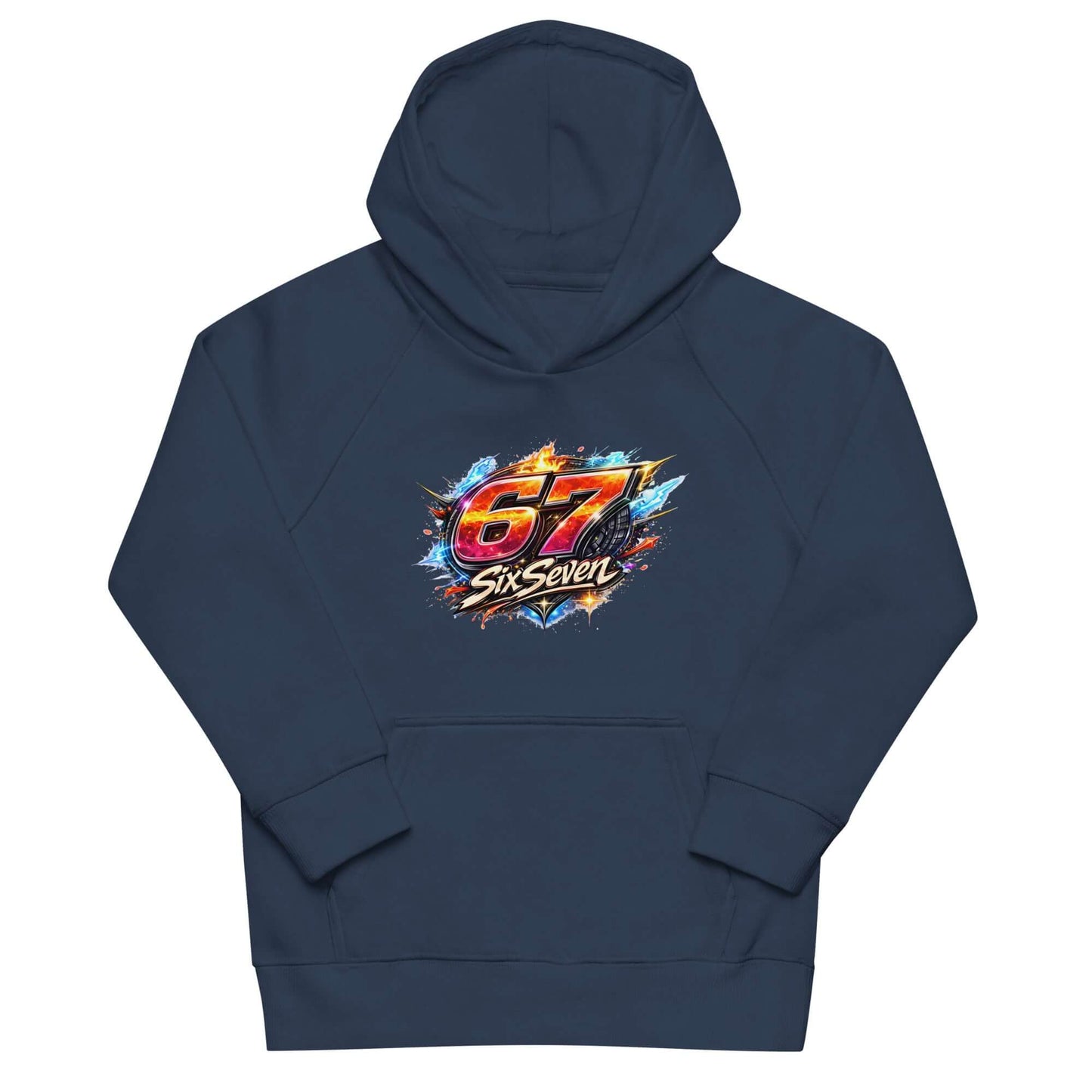 Kids eco hoodie featuring colorful graphic design with the number 67 and text SixSeven on a navy background.