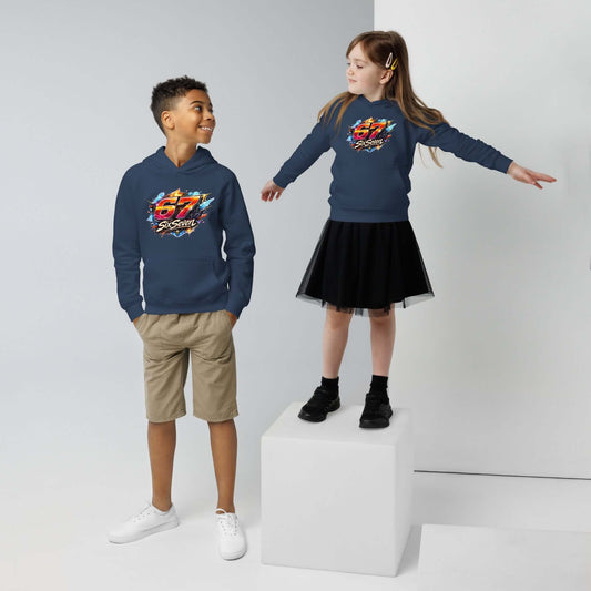 Kids eco hoodie displayed on children, featuring a stylish design and perfect for eco-friendly fashion choices.