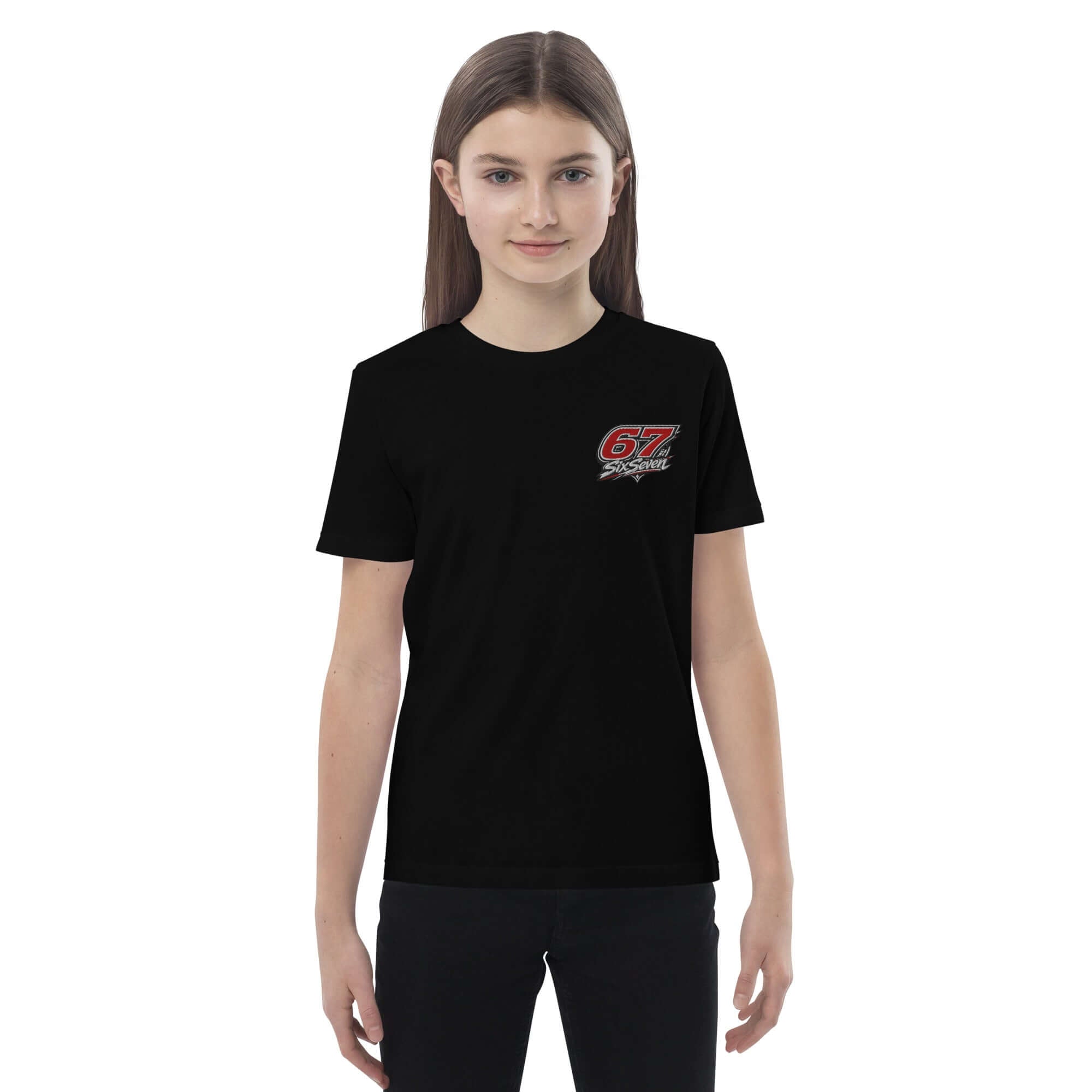 Young girl wearing a black t-shirt featuring a red 67 graphic design on the chest.