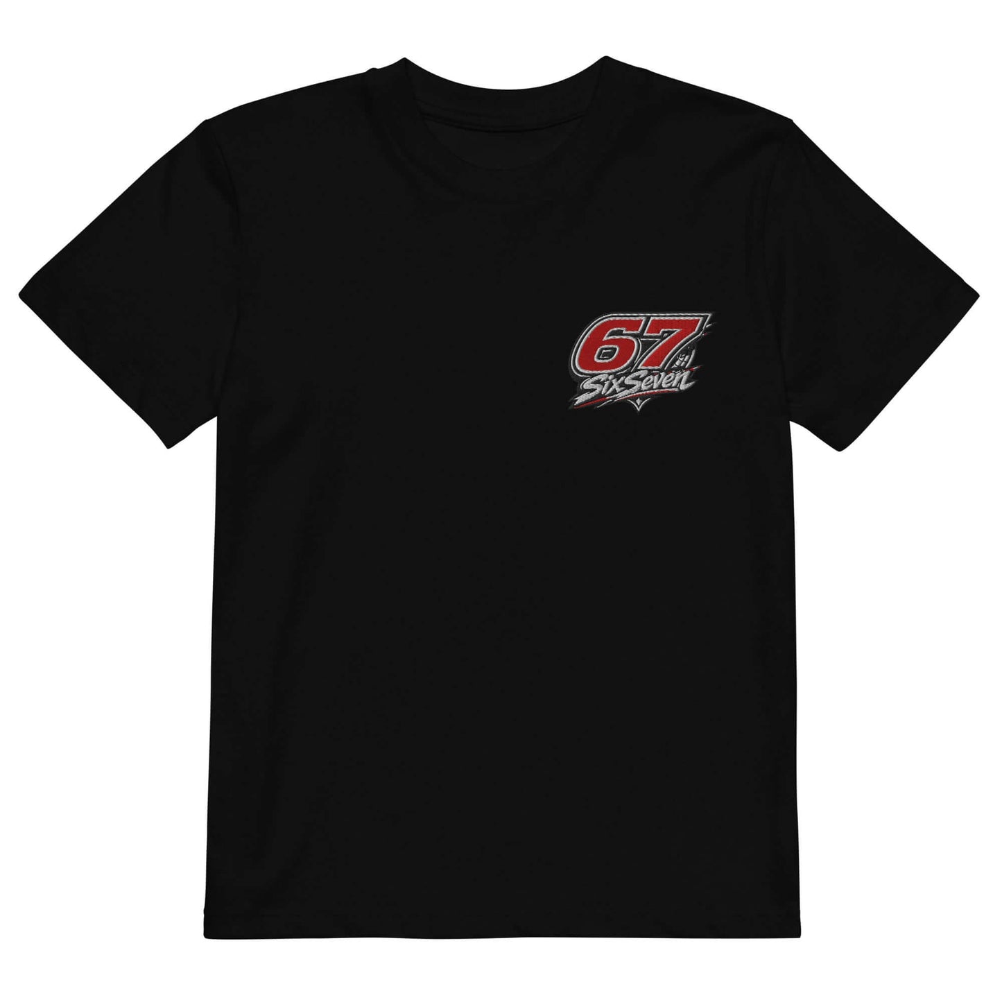 Organic cotton kids t-shirt featuring a stylish black design with a red graphic on the front.