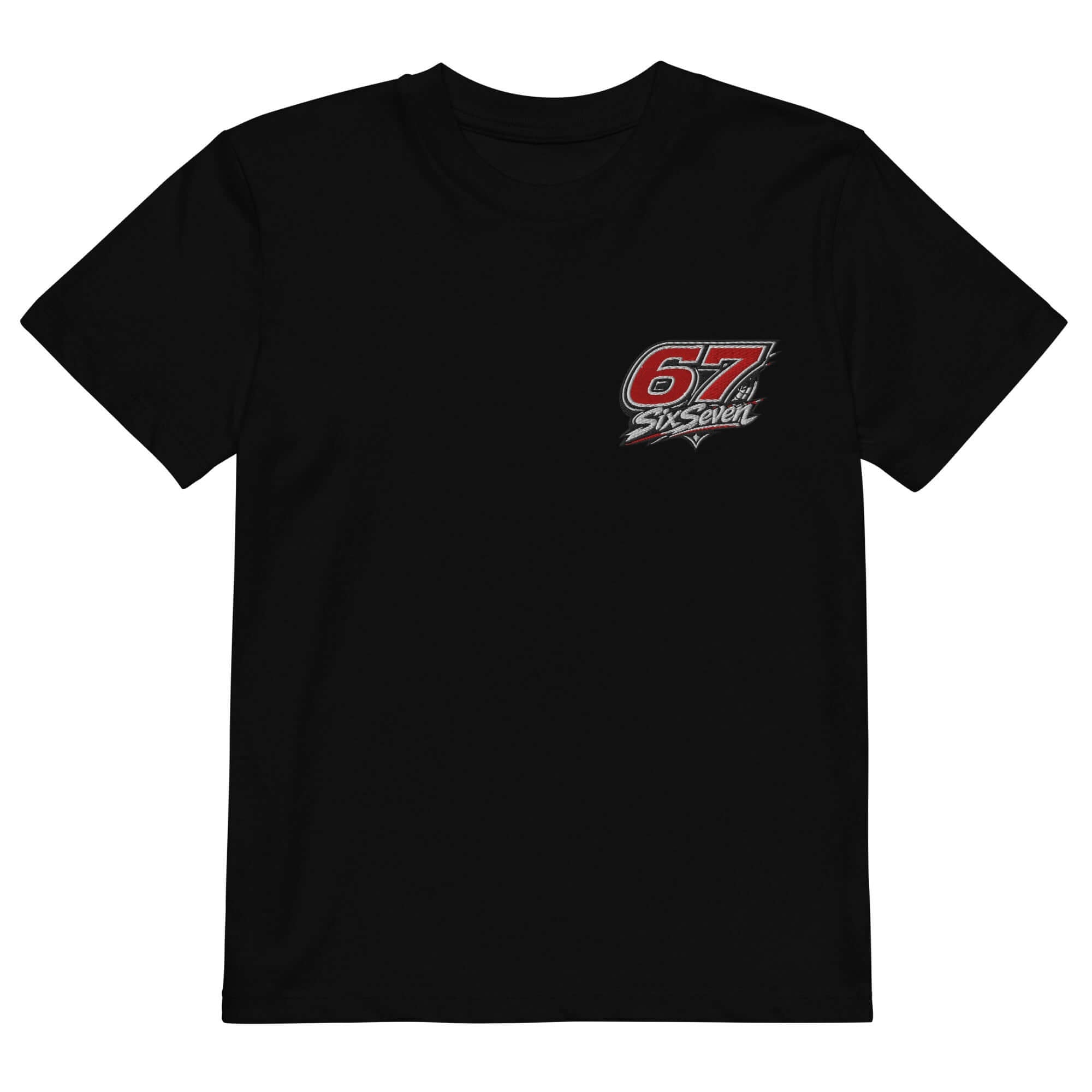 Organic cotton kids t-shirt in black with a colorful '67' graphic on the front.