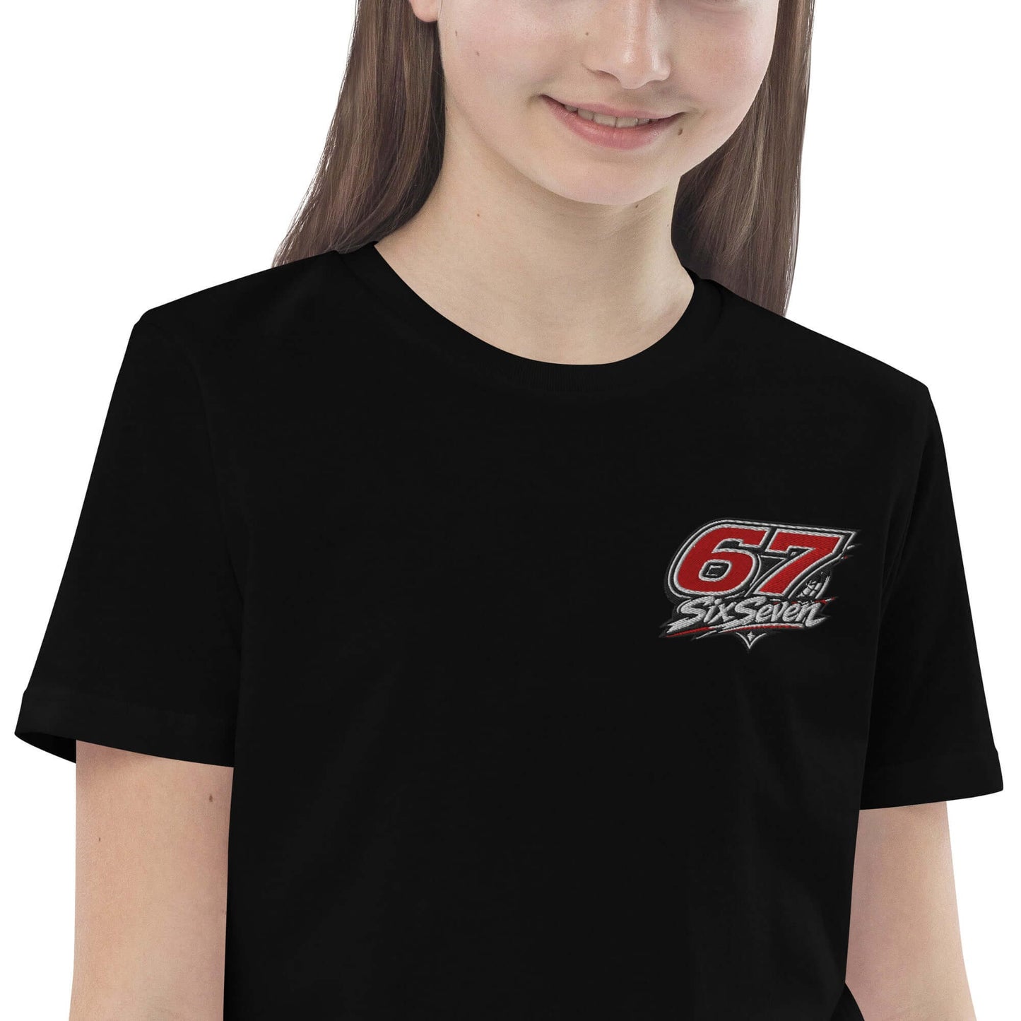 Organic cotton kids t-shirt featuring a stylish black design with a bold '67 Six Seven' graphic.