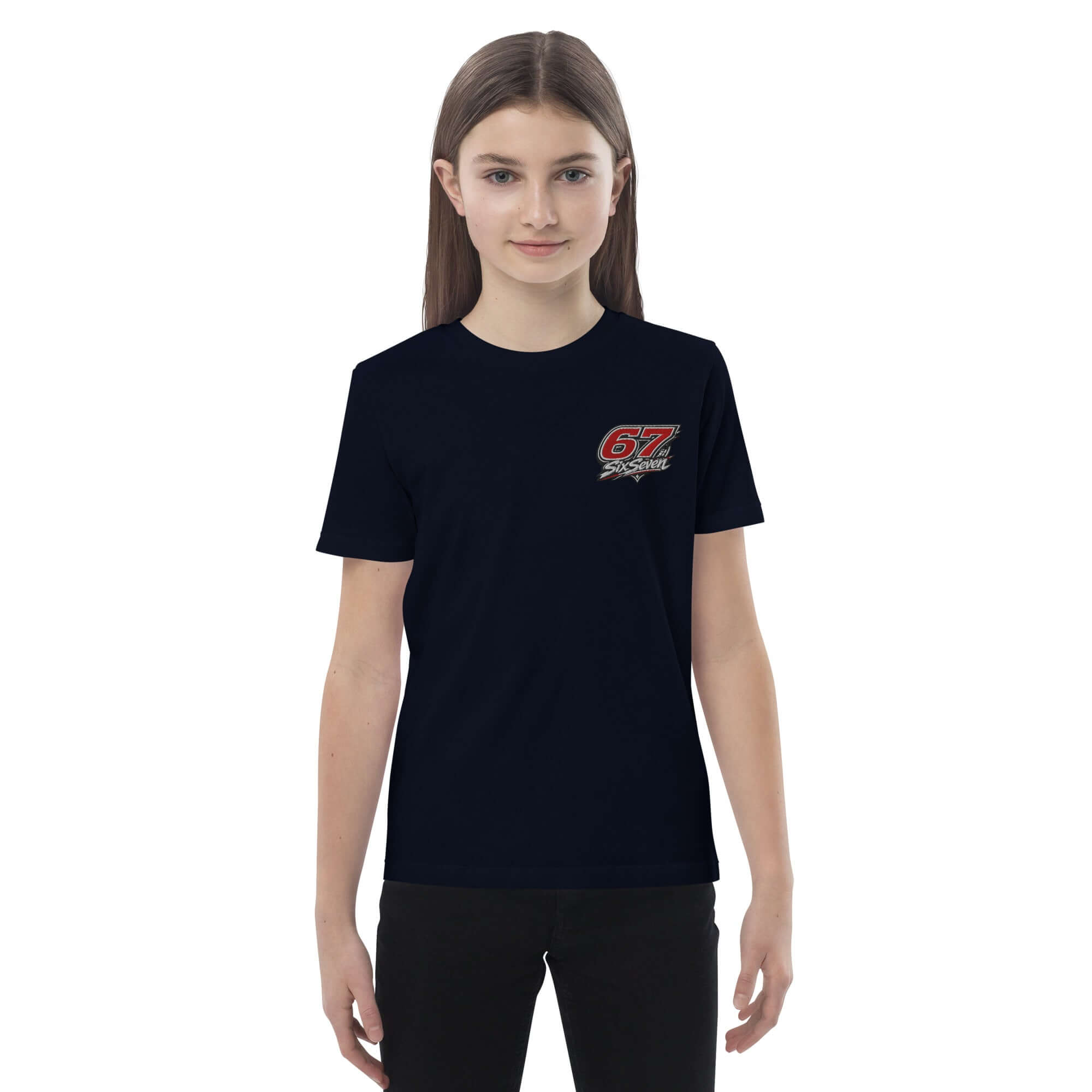 A child wearing a black organic cotton kids t-shirt featuring a red 67 logo, showcasing style and comfort.