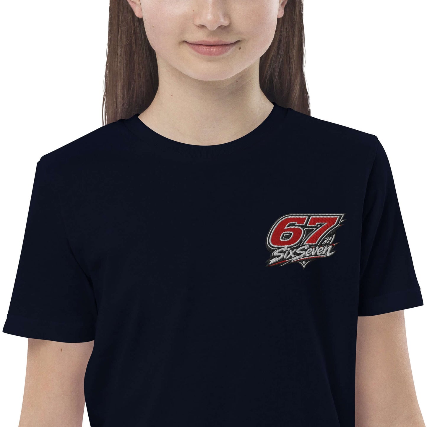 Organic cotton kids t-shirt in navy blue with stylish graphic design on the front.