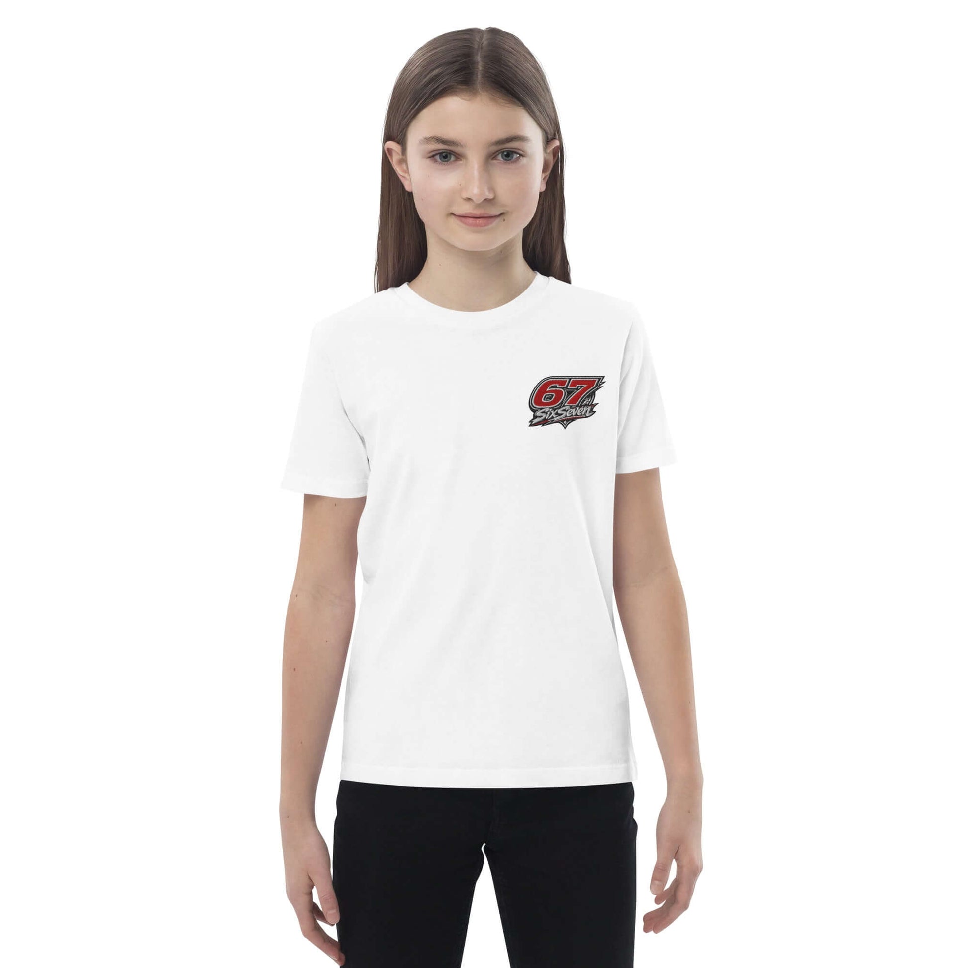 A child wearing an organic cotton kids t-shirt featuring a colorful graphic design.