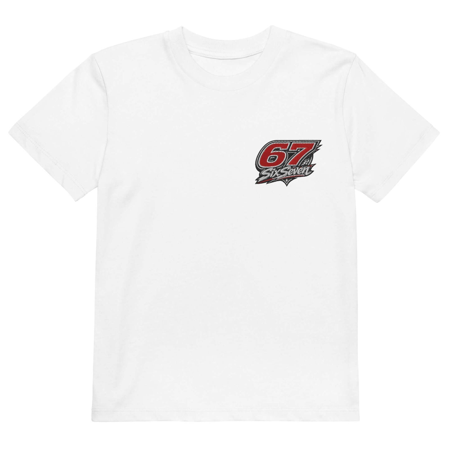 Organic cotton kids t-shirt featuring a stylish '67' graphic print on the chest, perfect for comfortable wear.
