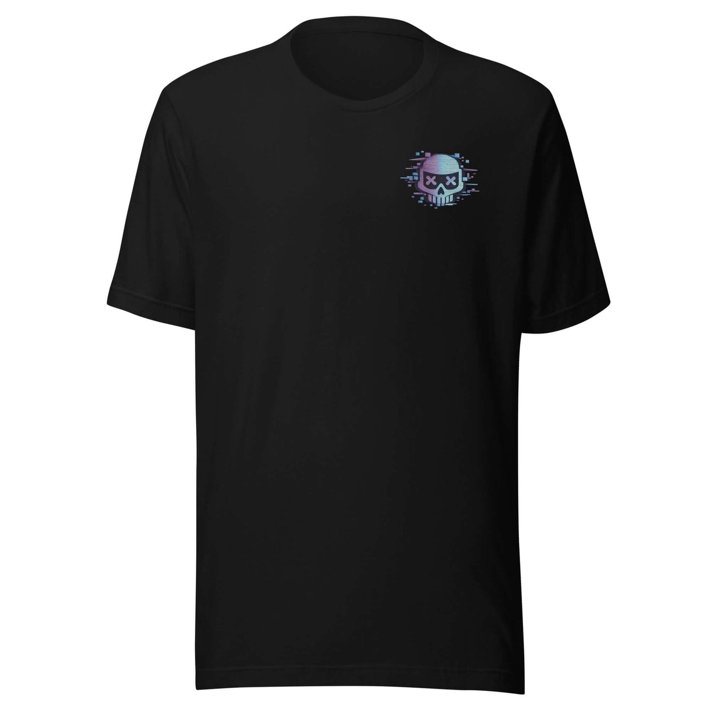 Black unisex cotton t-shirt featuring a colorful skull graphic on the chest, perfect for casual wear.